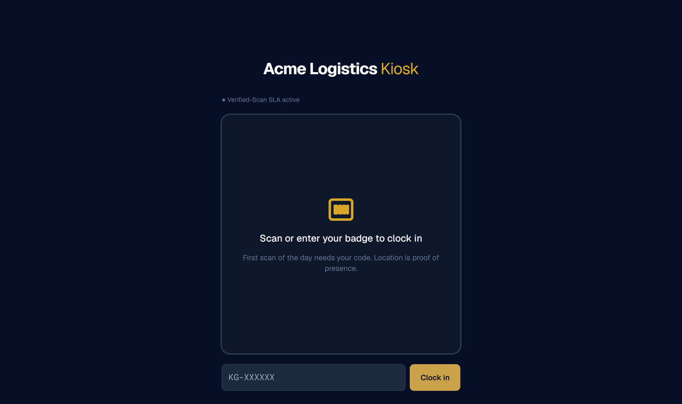 The KlensClock verified-scan kiosk — badge, one-time code, and GPS in one tap